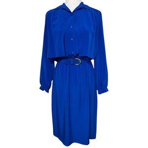 Vintage Kay Brandon Blue Long Sleeve Dress W/Belt Women's Size 9 /‎ 10